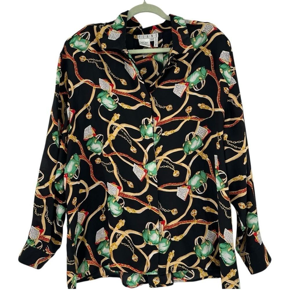 Vintage 100% Silk Blouse Novelty Print Chain Purse Print Size 3XL Piano Brand